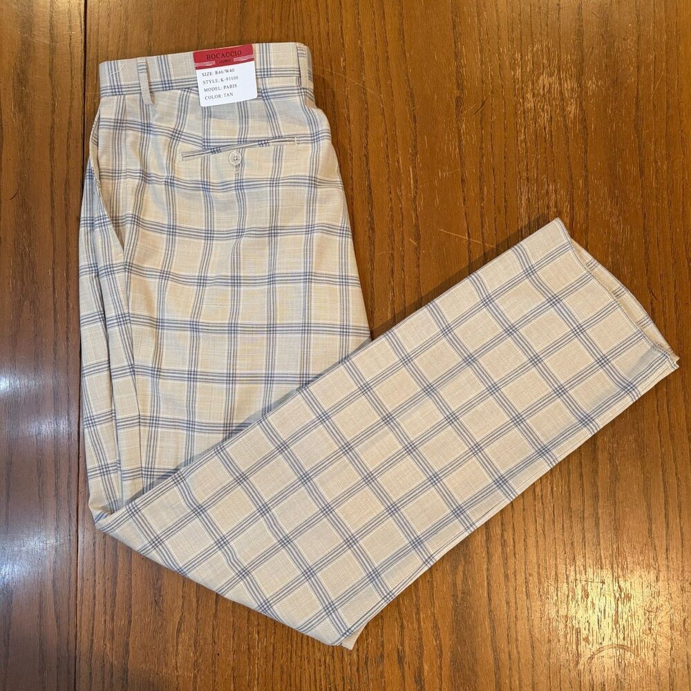 Bocaccio Uomo Paris Dress Pants Mens 40 Tan Blue Windowpane Raw Hem Stretch NWT
